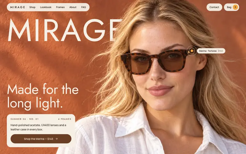 MIRAGE Eyewear template, home page